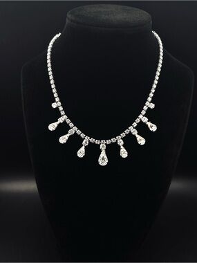 Vintage 1950s Rhinestone Fringe Necklace, Artisan Signed HM